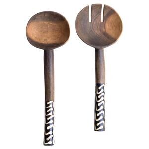 Salad Servers, Carved Olive Wood and Bone